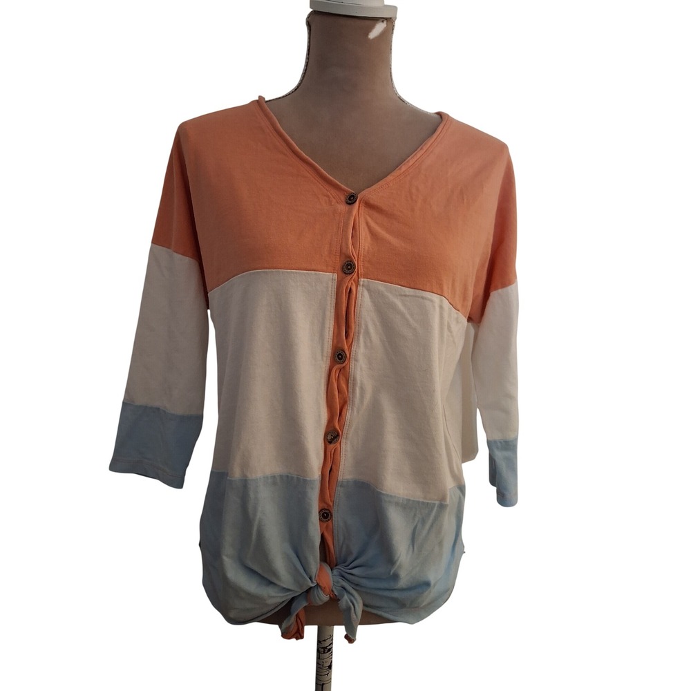 Main Strip Womens Orange Blue Colorblock Button Front Tie Hem Top Medium LT31147